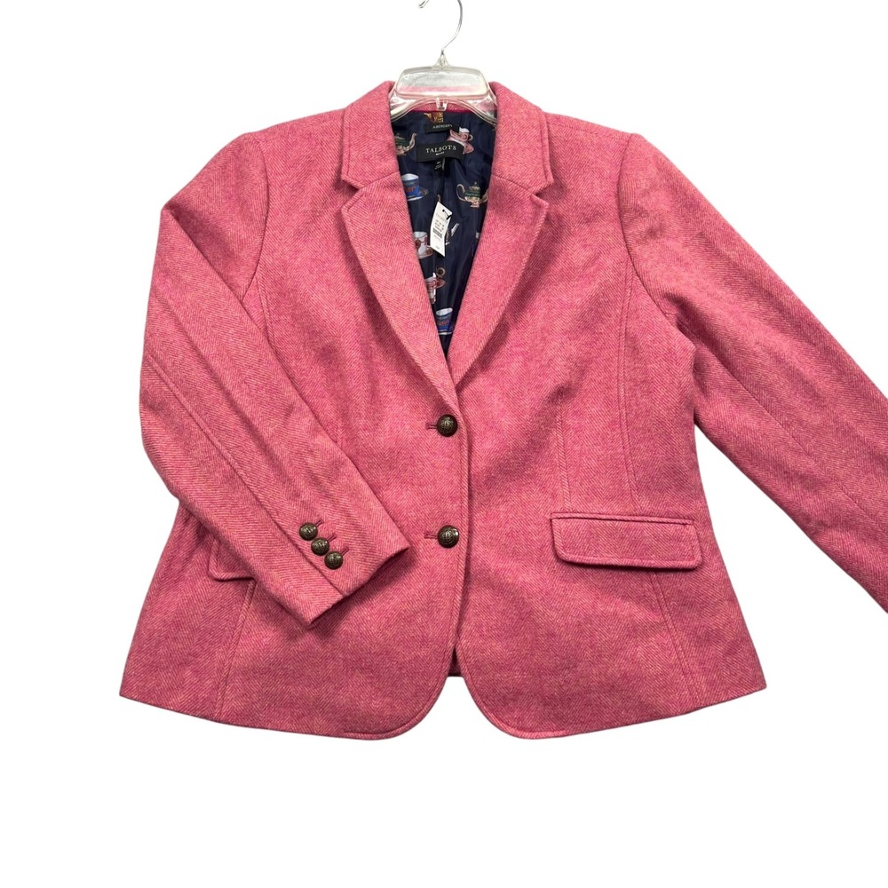 Talbots Aberdeen Blazer Women 16P Pink Herringbone Wool Blend Teapot Lining NEW